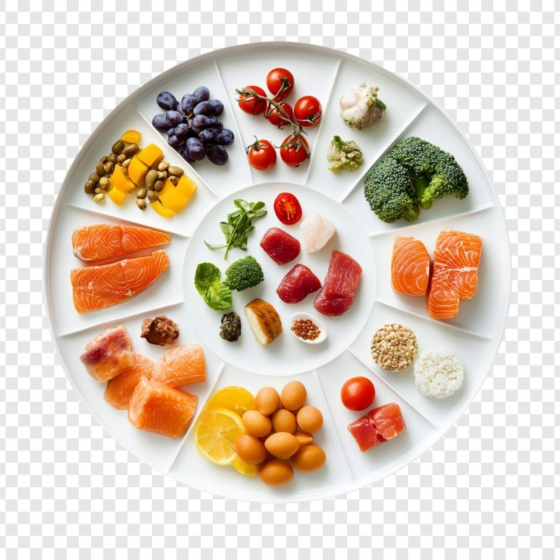 Plate displaying carbohydrates, protein, and healthy fats for daily nutrition