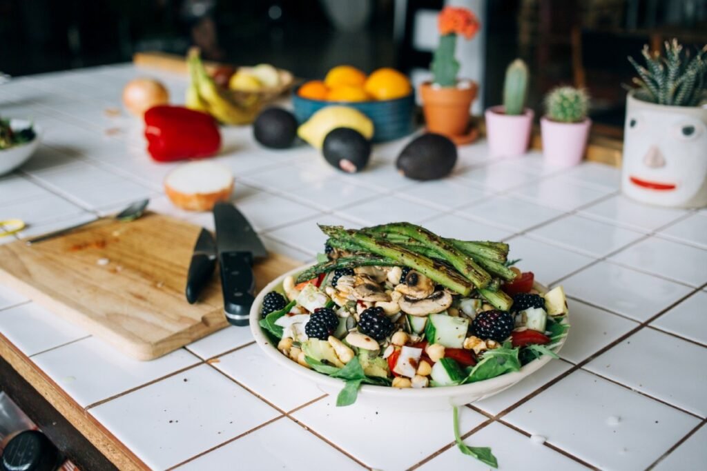 Mediterranean diet meal plan USA with salmon, olive oil, vegetables and whole grains