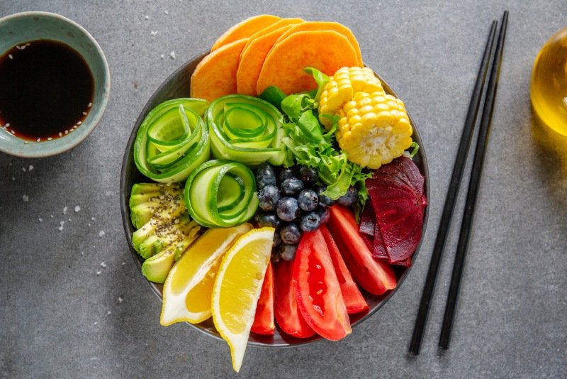 Balanced plate for Healthy Eating for Wellness in the UK with fresh fruits and vegetables