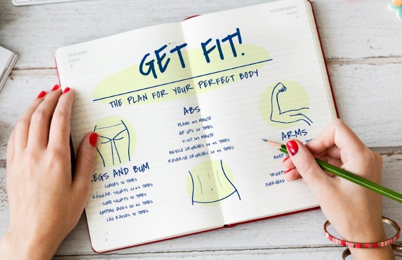 Weekly fitness routine showing natural ways to burn arm and thigh fat through exercise and healthy habits