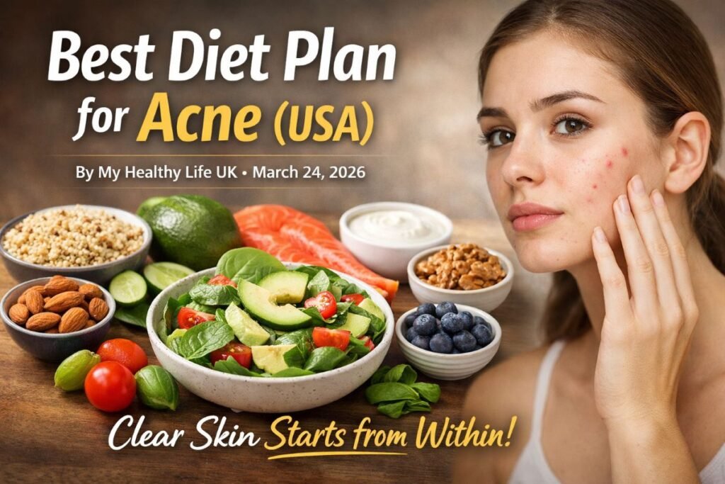 Best diet plan for acne (USA) showing clear glowing skin with healthy food and lifestyle