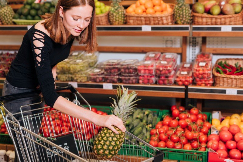 healthy grocery shopping in the USA focusing on fresh produce and whole foods