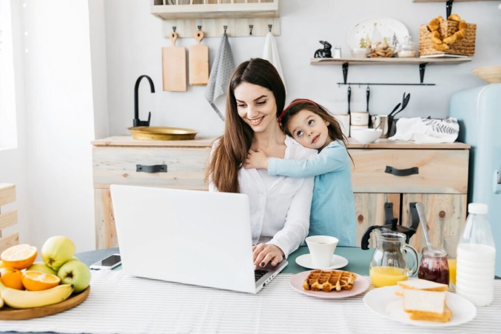 American mother managing work and family using work life balance tips for USA moms