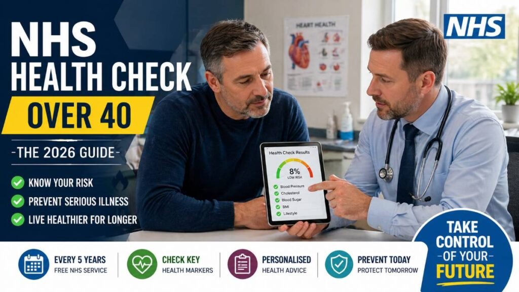 Adult discussing NHS Health Check Over 40 results with GP in a UK clinic setting