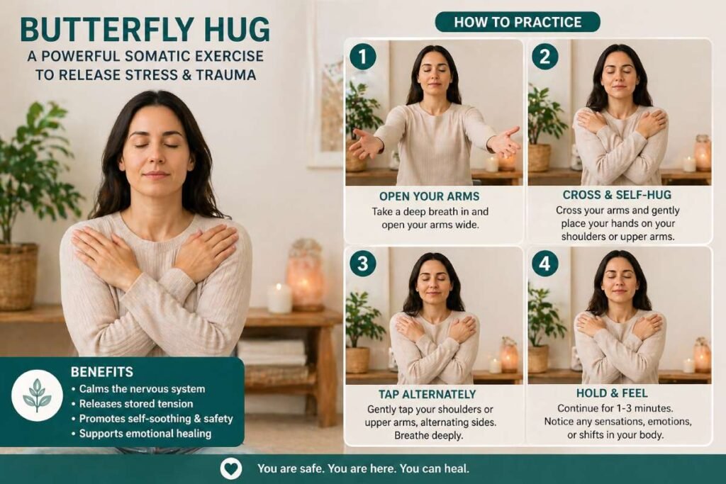 A person performing the Butterfly Hug, one of the key somatic exercises for trapped stress & trauma.