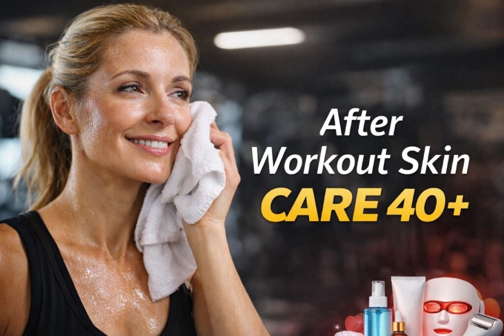 Post-workout skincare for 40+ routine showing mature skin recovery after gym workout in 2026 with healthy glow and hydration focus