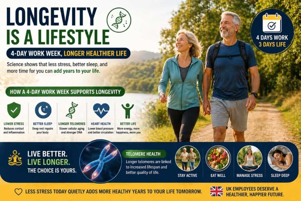 longevity benefits 4 day work week reduced stress aging telomere health UK