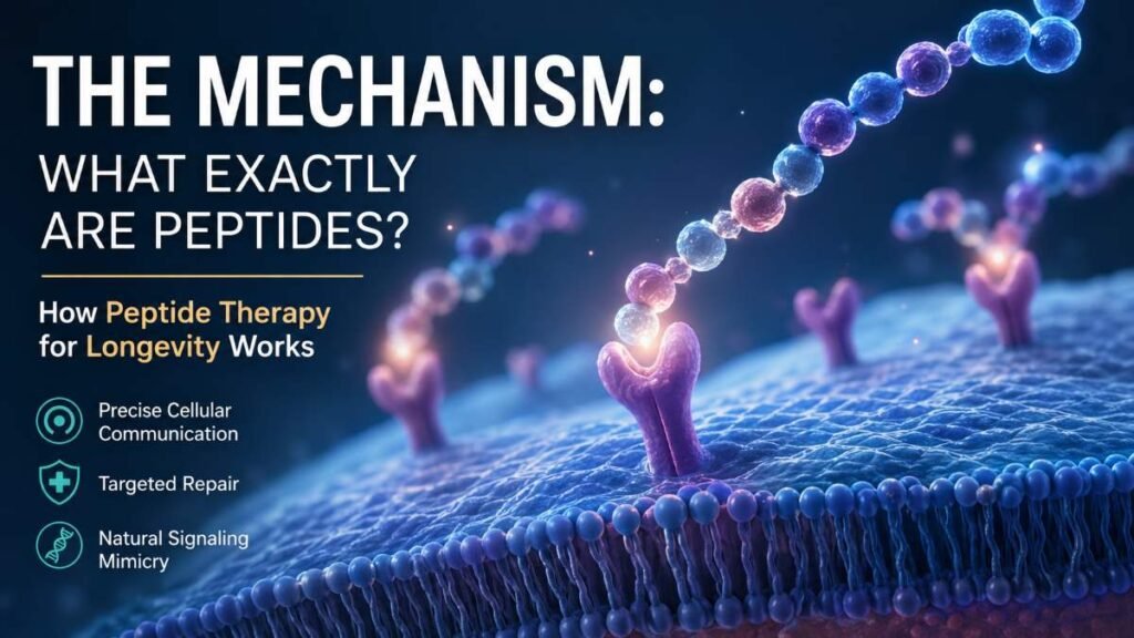 Peptide Therapy for Longevity mechanism showing peptides signaling human cells