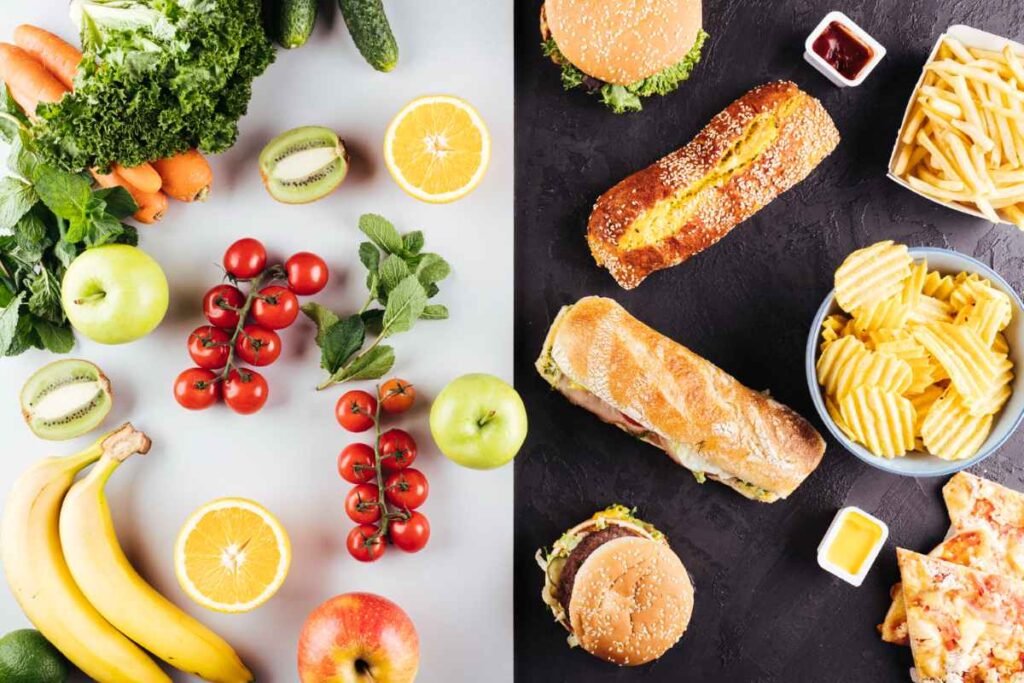 whole foods vs ultra processed foods comparison showing natural diet choices for weight loss and cortisol belly control