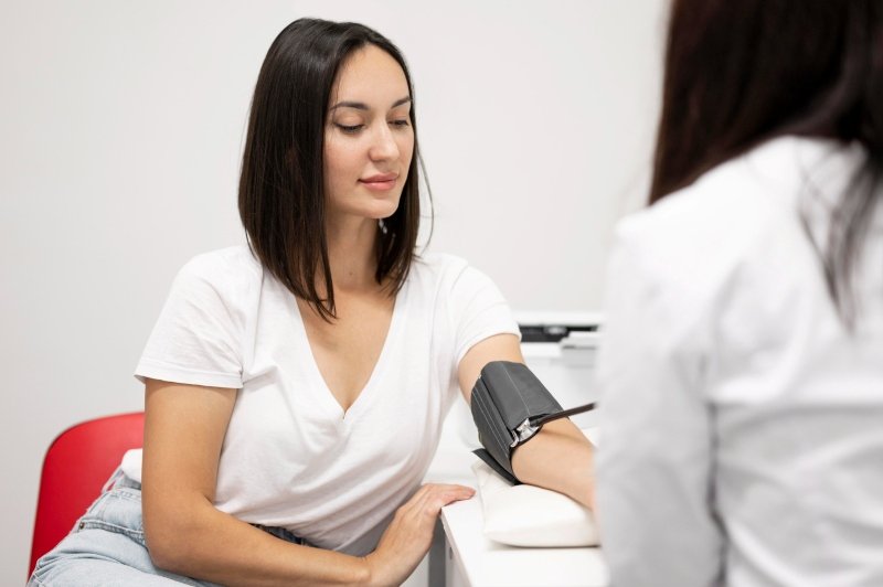 Blood pressure monitoring during pregnancy for women showing health care checkup
