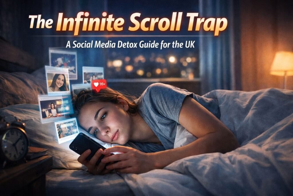 Person lying in bed in the UK late at night scrolling social media endlessly showing infinite scroll addiction and mental fatigue