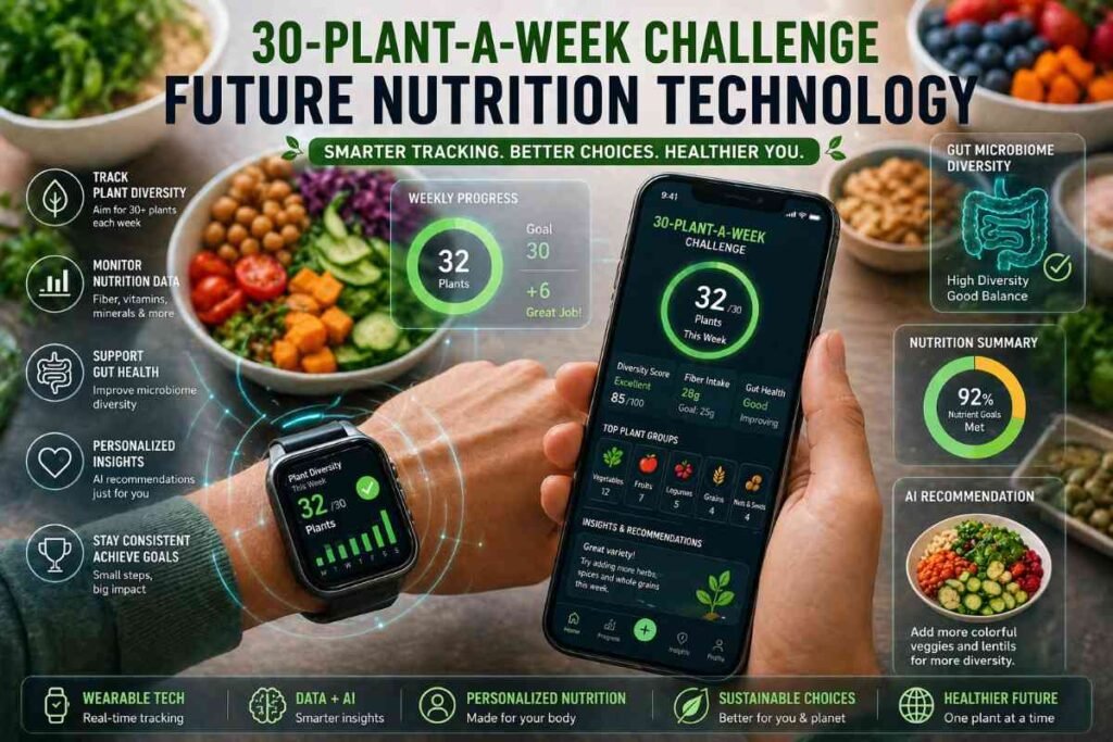 30-Plant-a-Week Challenge showing a balanced plate with diverse plant foods for long-term gut health and microbiome diversity