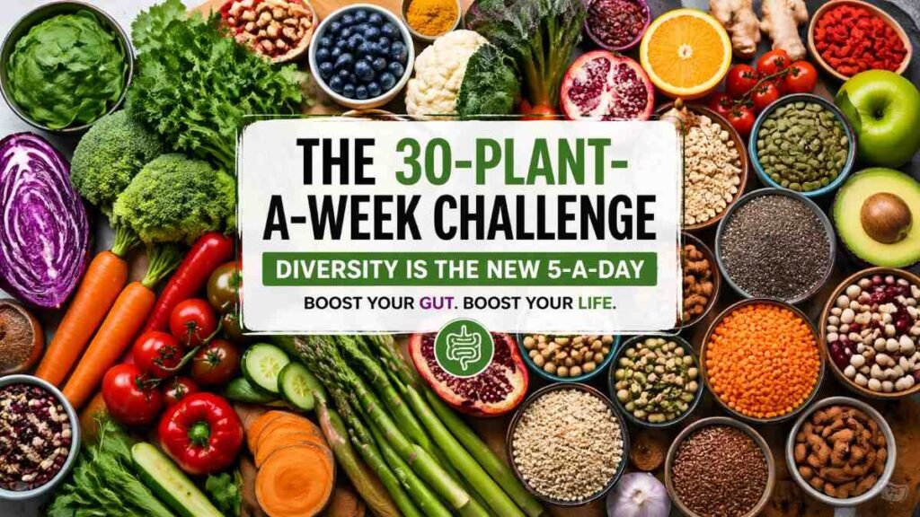30-Plant-a-Week Challenge showing diverse fruits vegetables and plant based foods for gut health