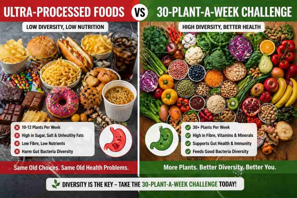 ultra processed foods lacking diversity compared to 30-Plant-a-Week Challenge diet