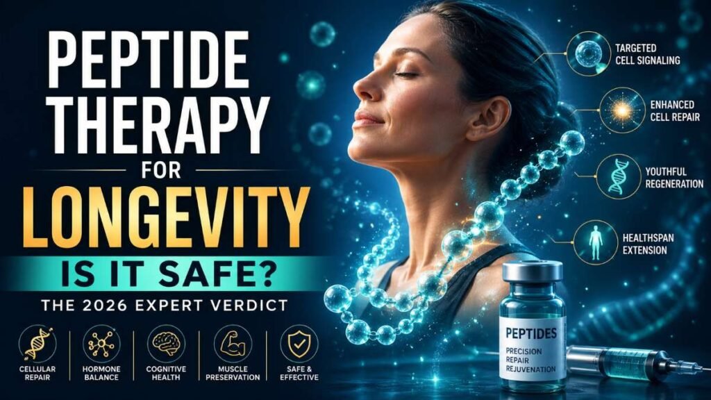 Peptide Therapy for Longevity visual showing cellular signaling and anti aging concept
