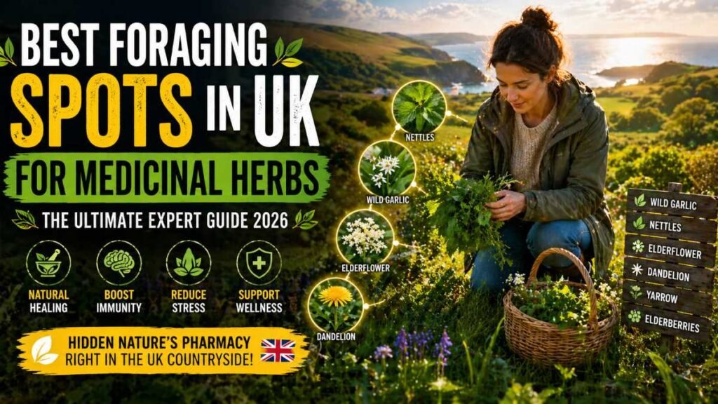 Best Foraging Spots in UK for Medicinal Herbs showing countryside herbal foraging and natural healing