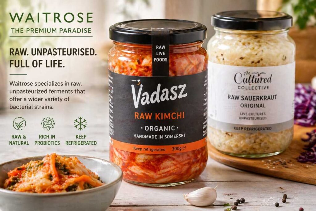 Close up of unpasteurized Vadasz Raw Kimchi and The Cultured Collective Sauerkraut jars from Waitrose.
