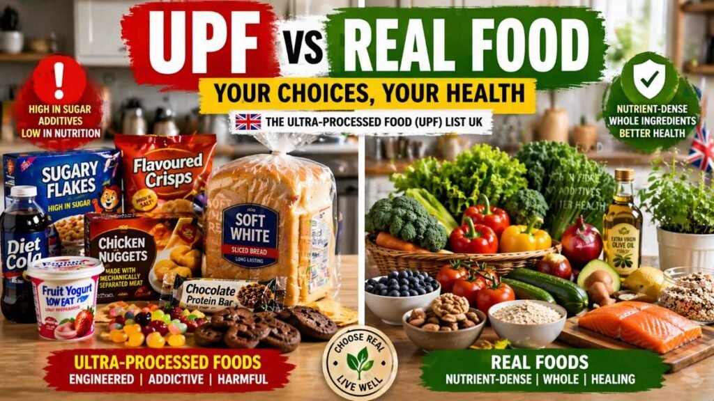 Comprehensive Ultra-Processed Food (UPF) List UK vs whole foods healthy kitchen comparison.