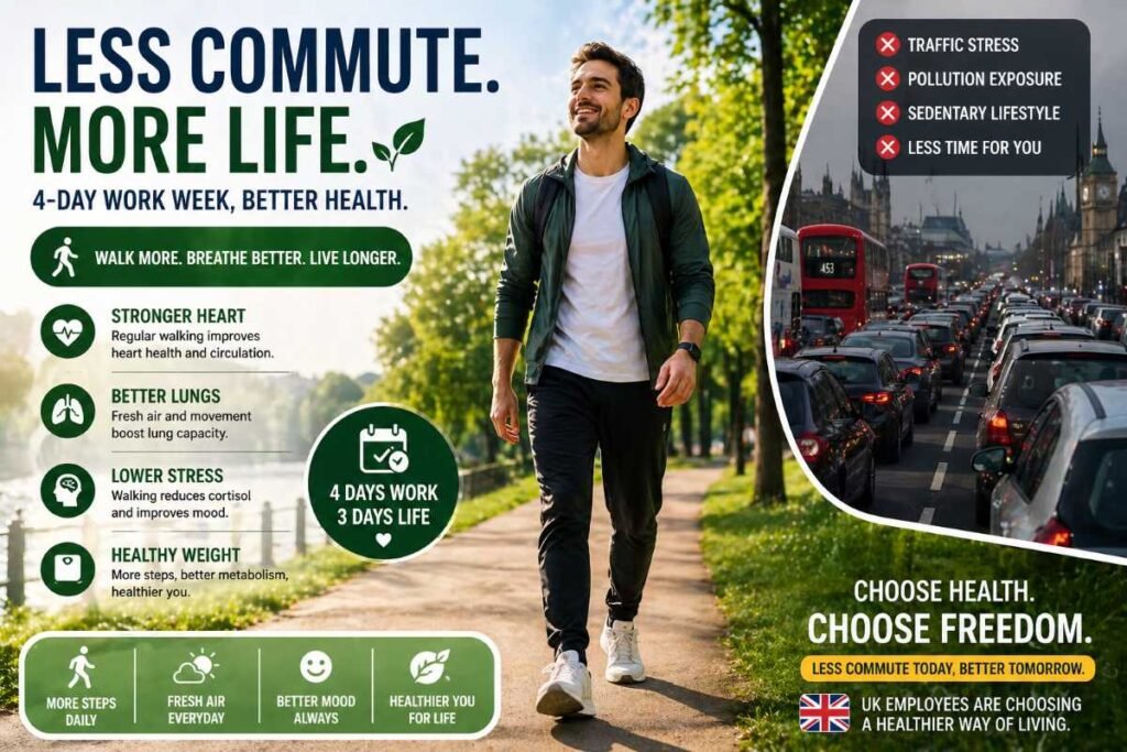 : reduced commute 4 day work week improves heart lung health walking lifestyle UK