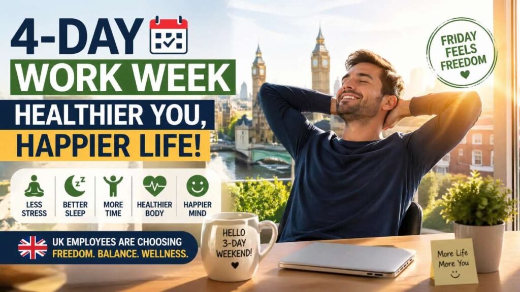 4-day work week on UK employee health showing relaxed stress-free Friday morning lifestyle