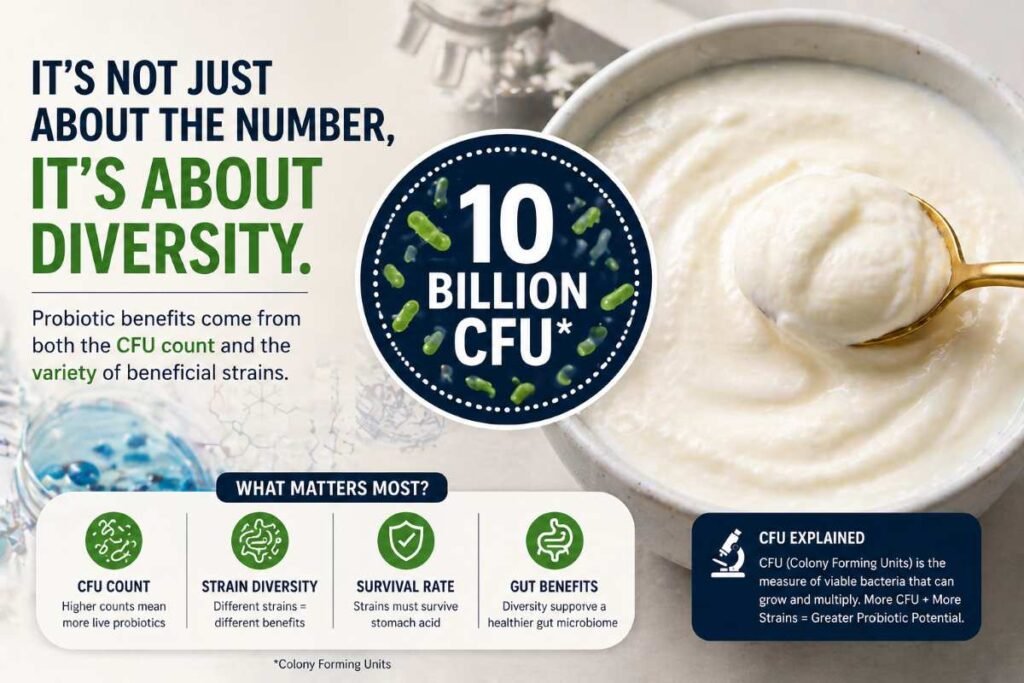 Microscopic view or infographic showing different strains of live bacteria in yogurt and fermented drinks.