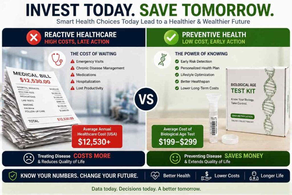Biological age test kits USA reviews 2026 showing preventive health investment benefits.