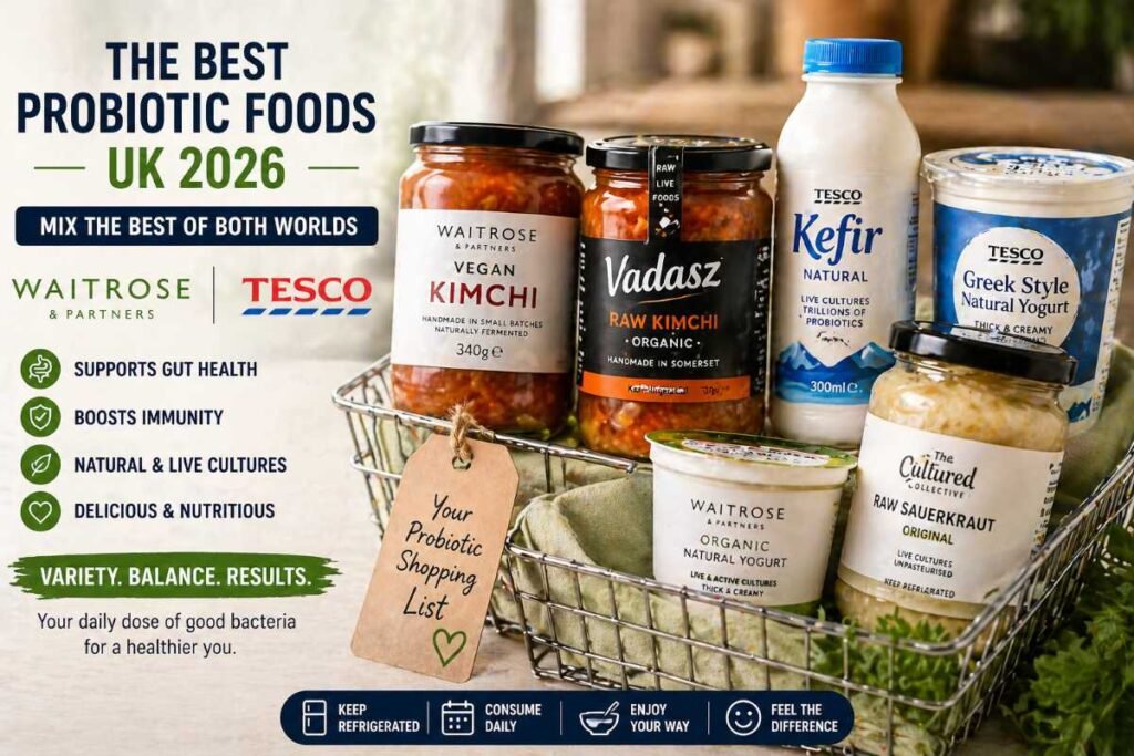 A shopping basket containing both Waitrose Kimchi and Tesco Kefir, representing the best probiotic foods available in UK supermarkets for a balanced gut health routine.