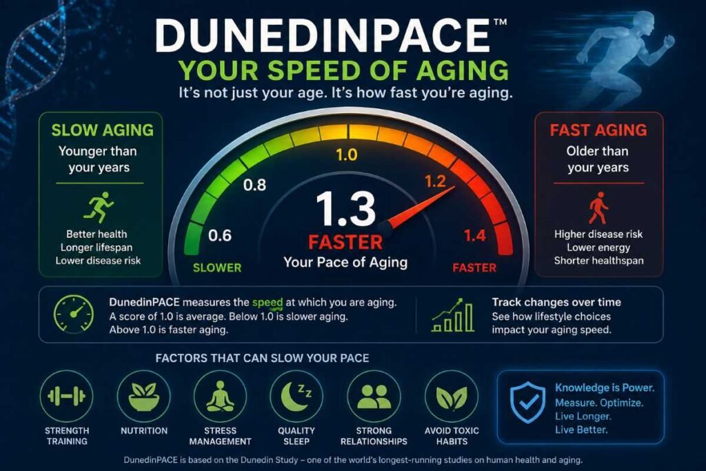 Biological age test kits USA reviews 2026 showing DunedinPACE aging speed measurement.