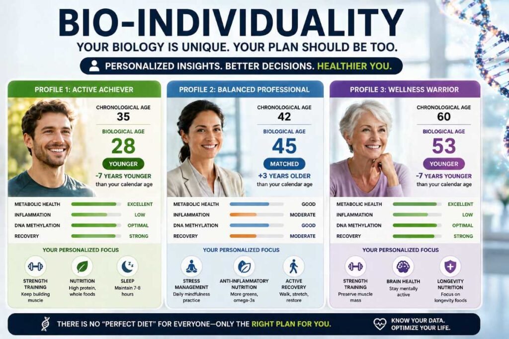 Biological age test kits USA reviews 2026 showing personalized aging and bio-individual data.