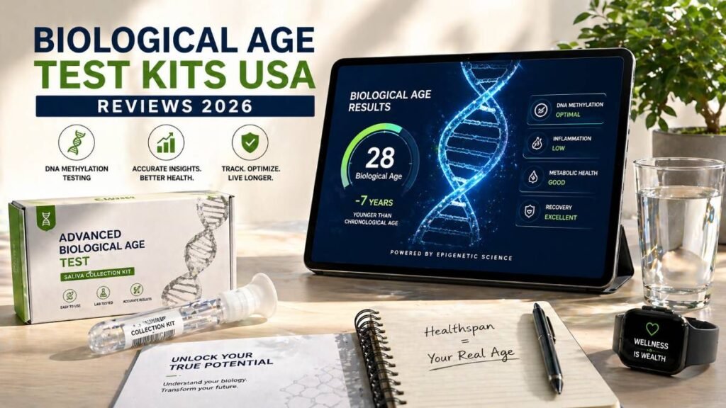 Biological age test kits USA reviews 2026 showing DNA methylation testing and longevity tracking tools.