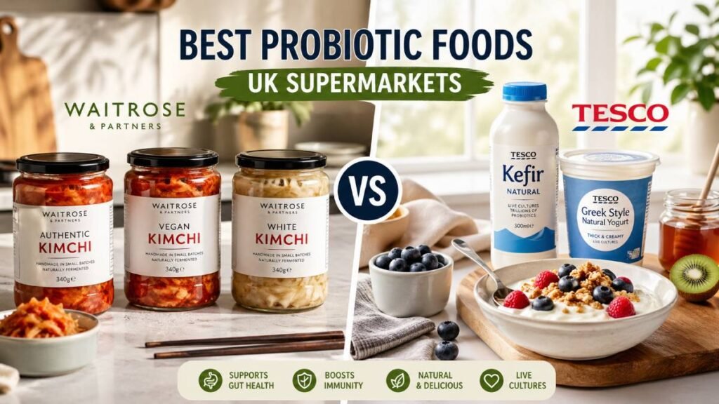 A comparison of best probiotic foods available in UK supermarkets featuring Waitrose Kimchi and Tesco Kefir bottles.