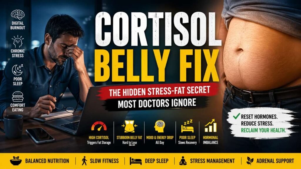 Cortisol Belly Fix concept showing stress and stubborn belly fat in modern lifestyle