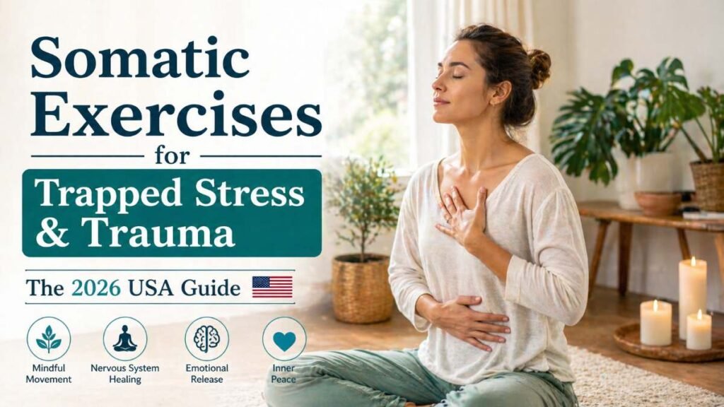 A peaceful person practicing somatic exercises for trapped stress & trauma to reset their nervous system in 2026.