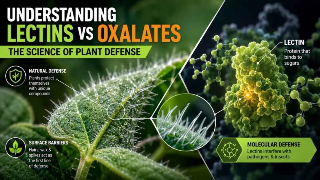 Detailed view of plant defense mechanisms highlighting the molecular difference in Lectins vs Oxalates for gut health awareness.