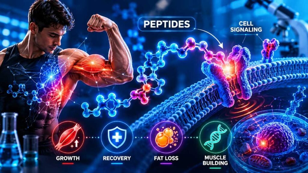 Scientific illustration of cellular signaling pathways for best peptides for muscle growth and fat loss