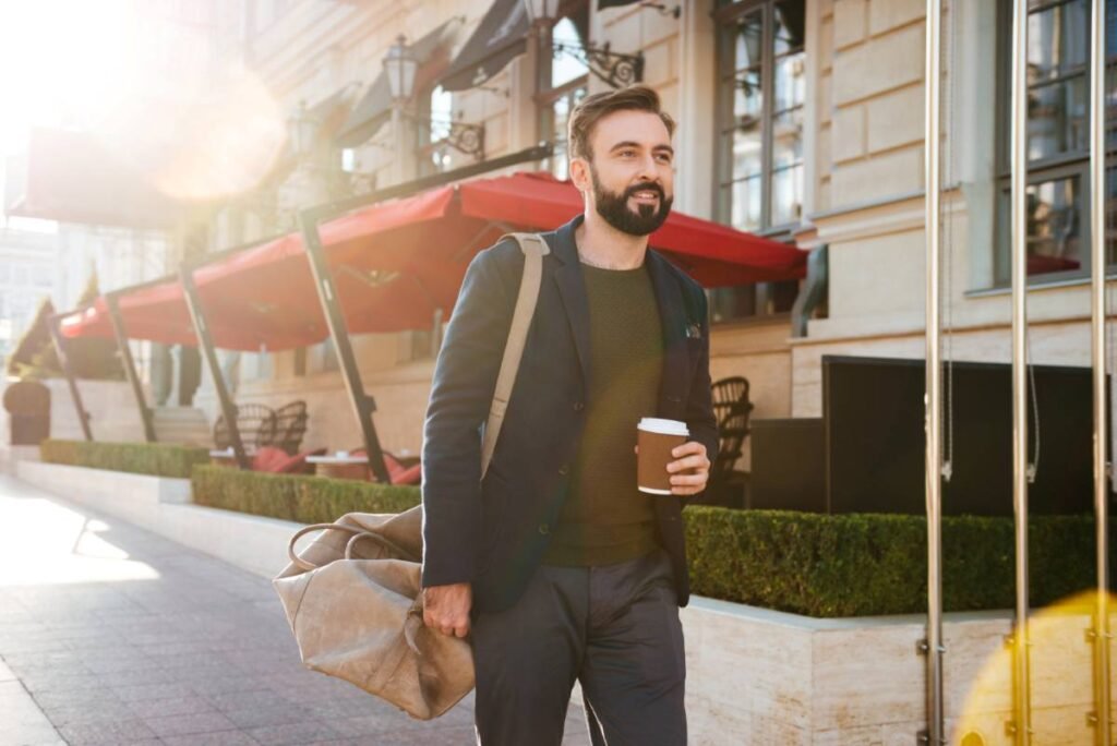 A professional navigating the high-pressure London financial sector with a cup of adaptogenic micro-dosing coffee.