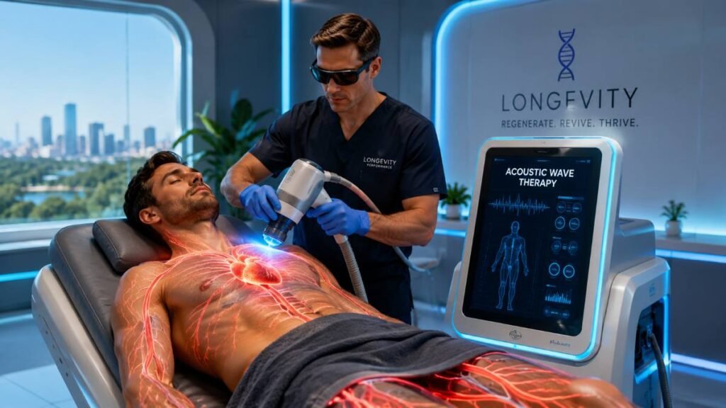 Acoustic Wave Therapy for Longevity USA treatment improving vascular health and cellular rejuvenation in a futuristic wellness clinic.