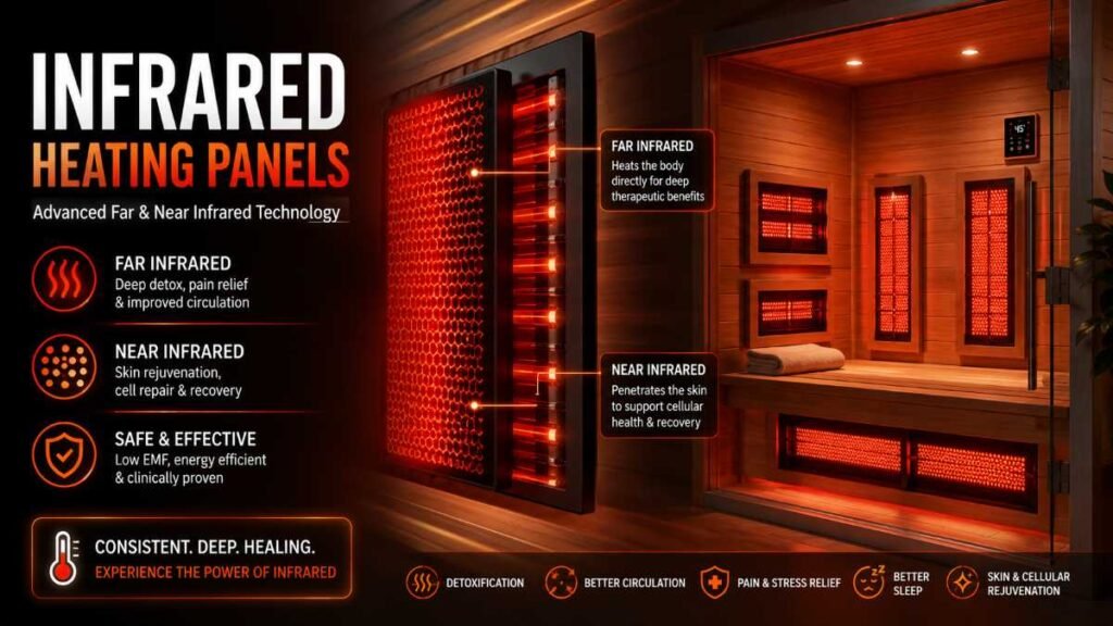 Infrared Sauna UK heating panels featuring advanced far and near infrared technology
