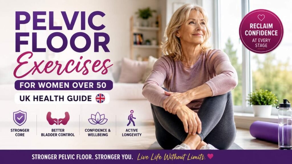 A confident British woman over 50 practicing wellness at home, representing the Pelvic Floor Exercises for Women Over 50: UK Health Guide.