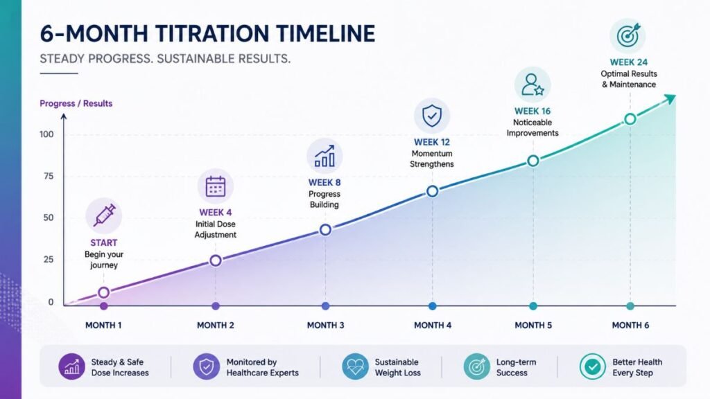 An infographic illustrating the 6-month dosage titration steps and corresponding Mounjaro UK online prescription cost 2026 adjustments.