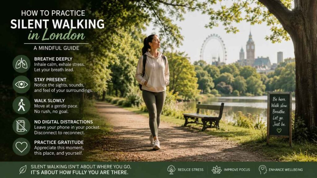 Silent Walking Routes in London for Stress teaching mindfulness breathing and digital detox walking techniques.