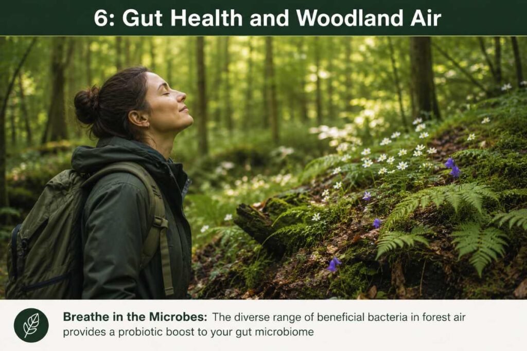 A person breathing in the microbe-rich woodland air to support their internal microbiome, as suggested in the UK Guide to Forest Bathing.