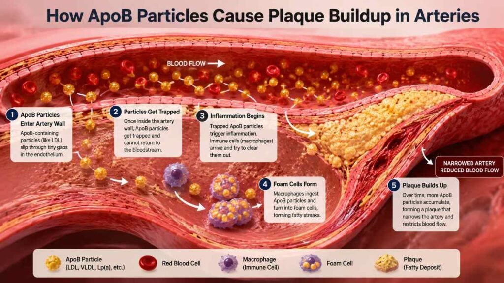 ApoB particles entering artery walls and causing plaque buildup
