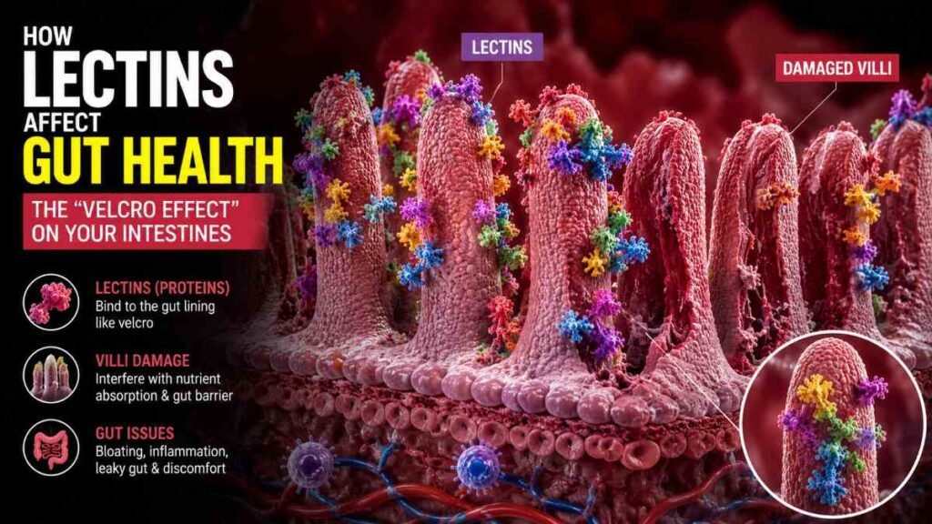 Scientific 3D visualization of how lectin proteins bind to the human gut lining, a core topic in the Lectins vs Oxalates sensitivity protocol.