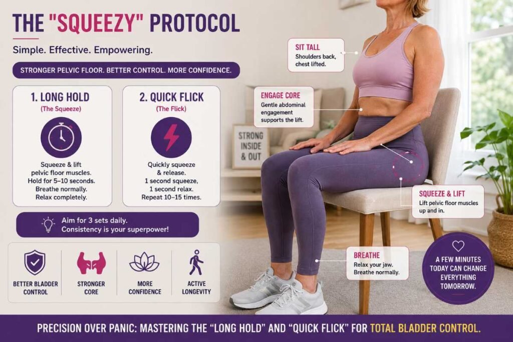A woman practicing the Squeezy protocol for Pelvic Floor Exercises for Women Over 50: UK Health Guide.