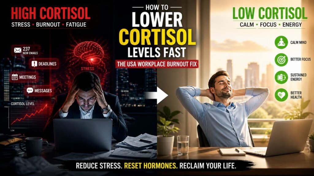 How to lower cortisol levels fast in USA workplace burnout with stress vs recovery visual