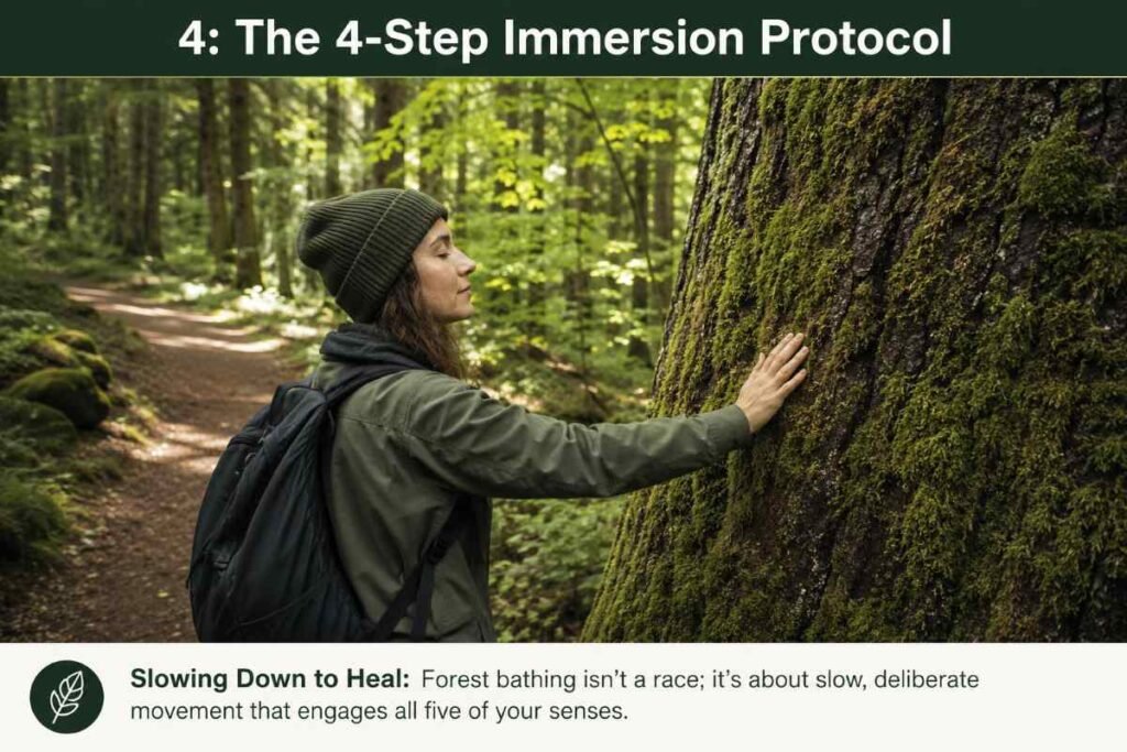 A beginner practicing the four-step sensory immersion protocol as outlined in the UK Guide to Forest Bathing, by touching a mossy tree.