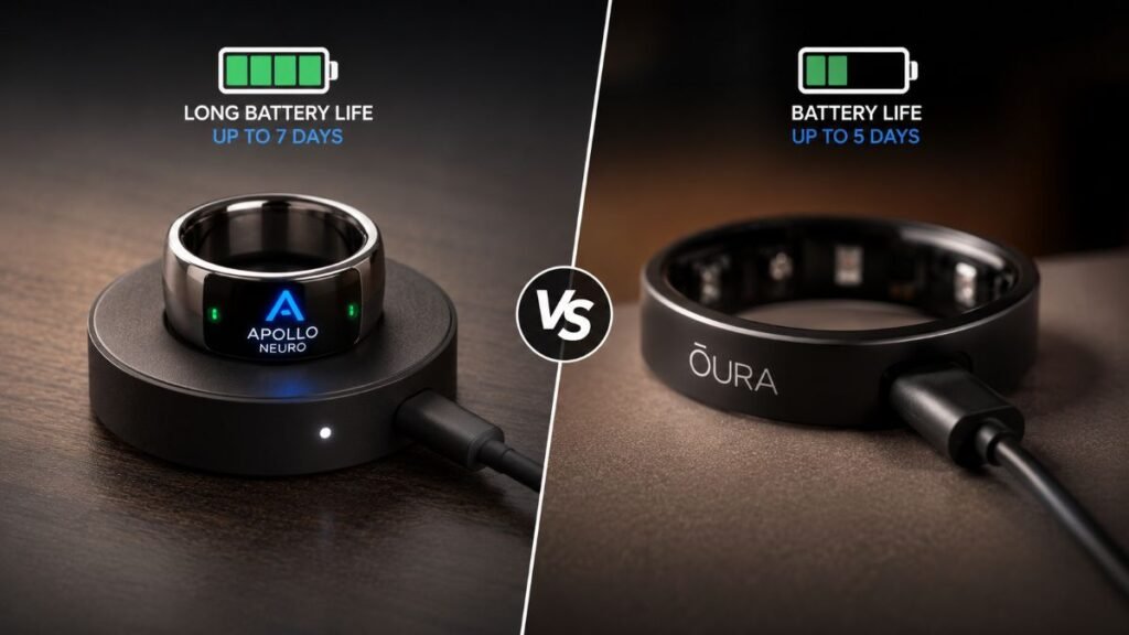 Battery life and charging frequency for Apollo Neuro vs Oura Ring during daily use.