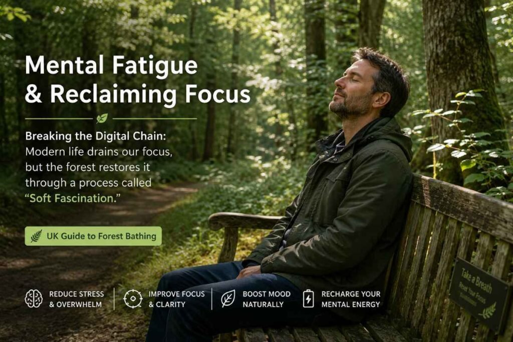 A professional taking a mental break in a quiet UK forest, practicing the focus reclamation tips from the UK Guide to Forest Bathing.