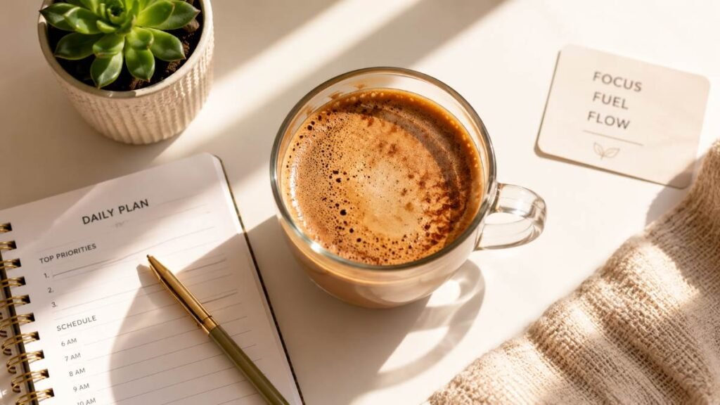 A calm and organized morning workspace featuring a fresh cup of functional micro-dosing coffee to optimize daily mental clarity.